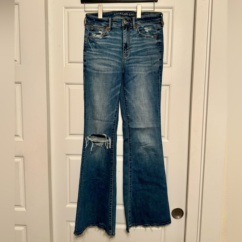 American Eagle distressed flare jeans.